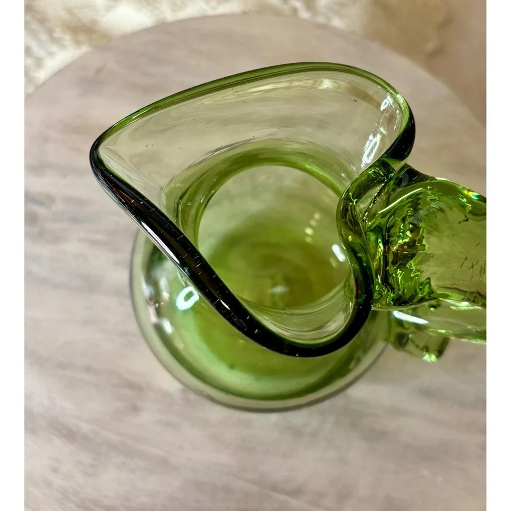 Vintage Hand Blown Green Glass Mini Pitcher Applied Handle Seed Bubbles Creamer